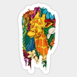 Colorful giraffe with tropical flowers Sticker